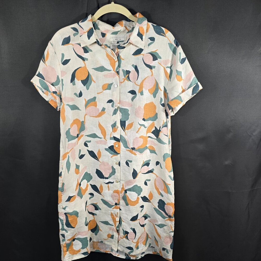 Rachael Zoe 100% Linen Floral Button-Down Short Sleeve Shift Dress Size S (Hang)